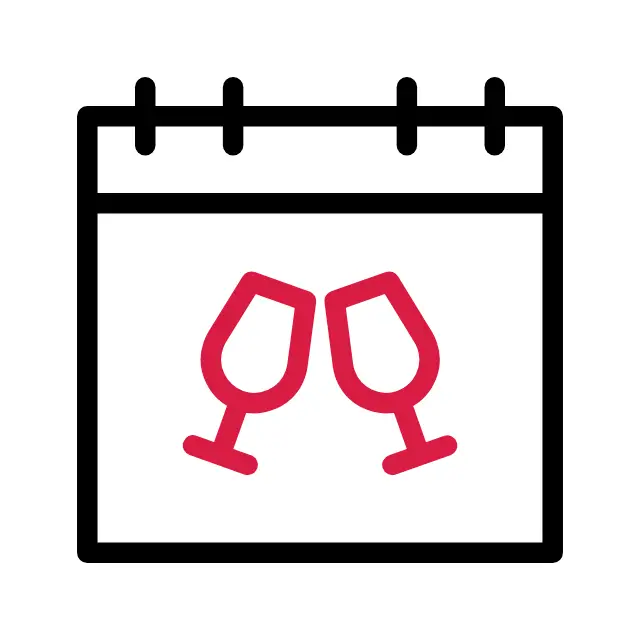 Animiertes stilecht grafik Icon eines Planungskalenders mit Ringbuchbindung. Auf dem umgeschlagenen Blatt Papier stoßen zwei Sektgläser miteinander an.