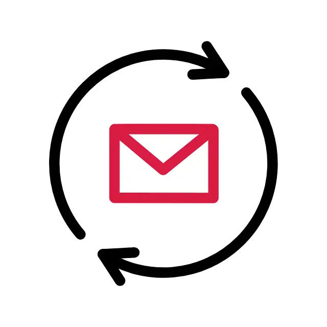 Animiertes stilecht grafik Icon eines Briefumschlags, der sich öffnet und ein Dokument zum Vorschein bringt. Kreisrund um den Briefumschlag herum ziehen sich zwei Pfeile, die in dieselbe Richtung weisen